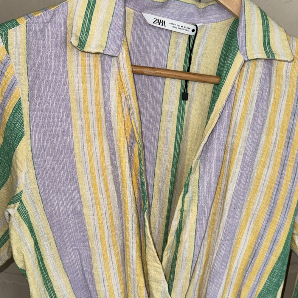 Zara Multicolor Striped Dress smocked lower faux wrap XS NEW - Picture 3 of 4